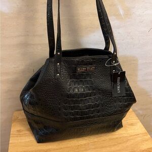 NWT-Ellen Tracy Black Crocodile-Embossed Large Double Handle Shoulder Bag